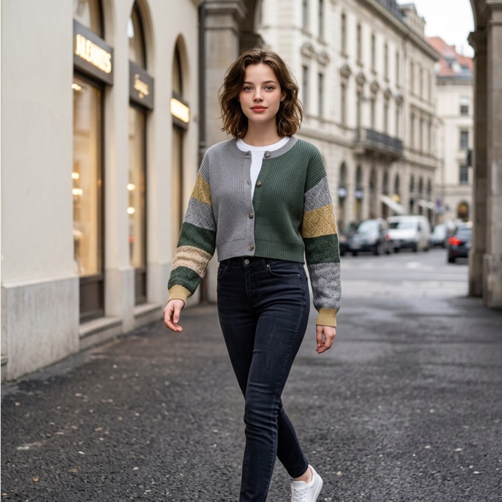 Colorblock Knit Button Cardigan - Green & Gray